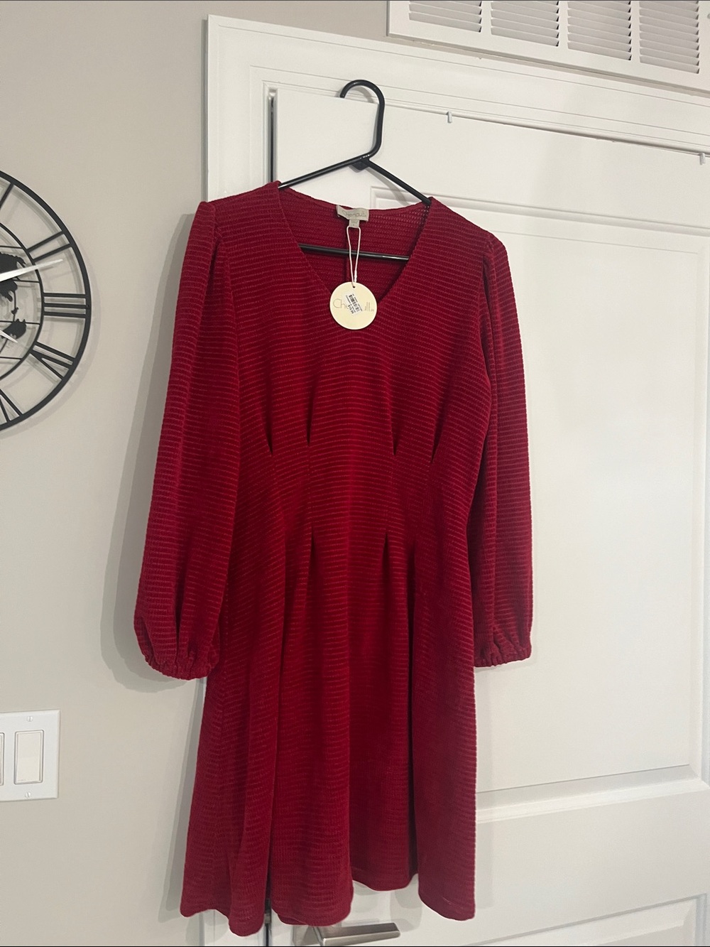 Chenault Deep Red Textured V-Neck A-Line Dress